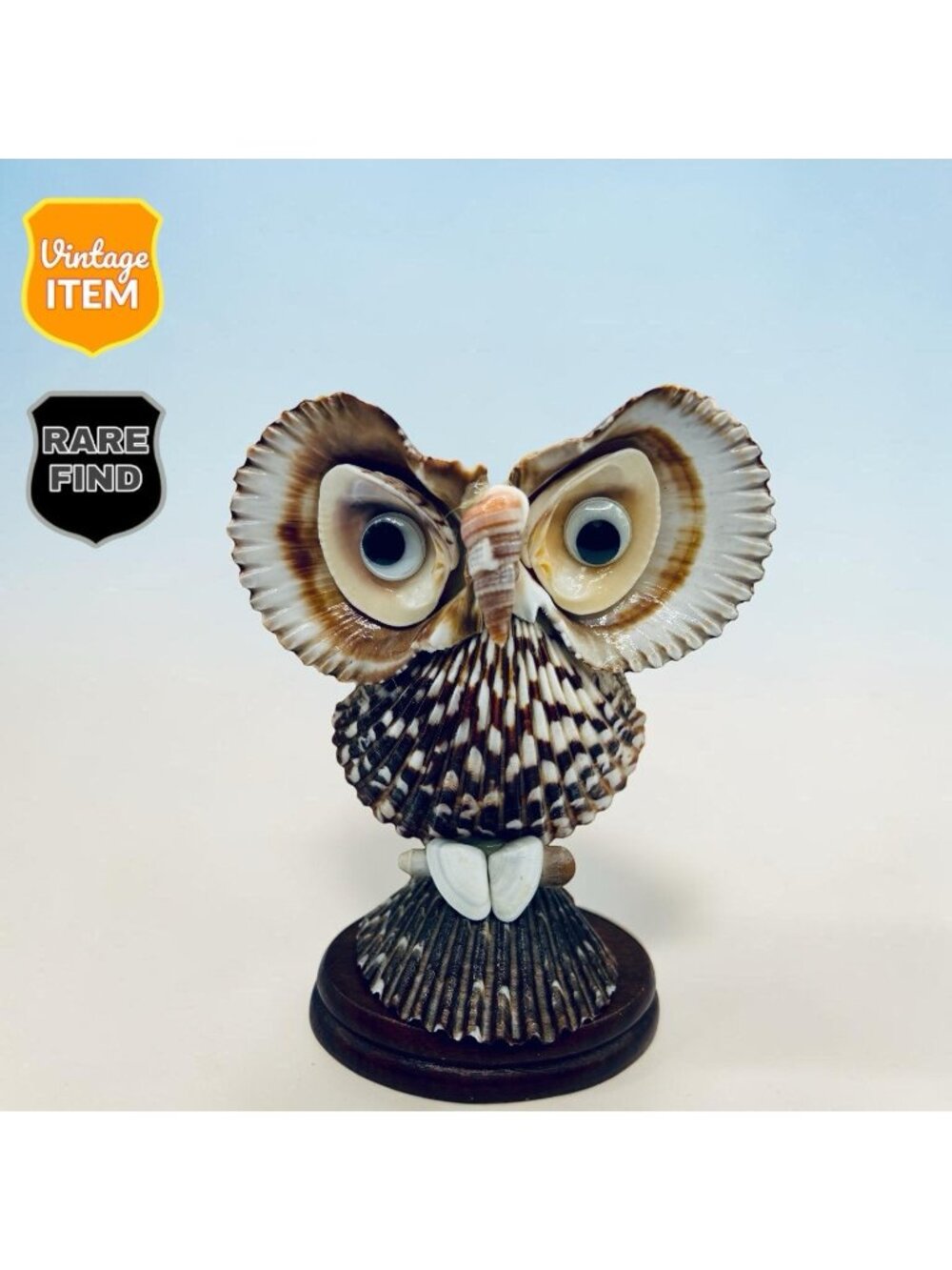 Vintage Handmade Sea Shell Art Owl Figurine with Googly Eyes. Wood Base. RARE!